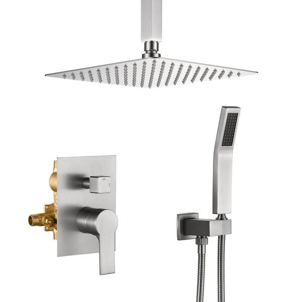 Single Handle 1-Spray Ceiling Mount Shower Faucet 1.8 GPM with Pressure Balance Brass Shower System in Brushed Nickel
