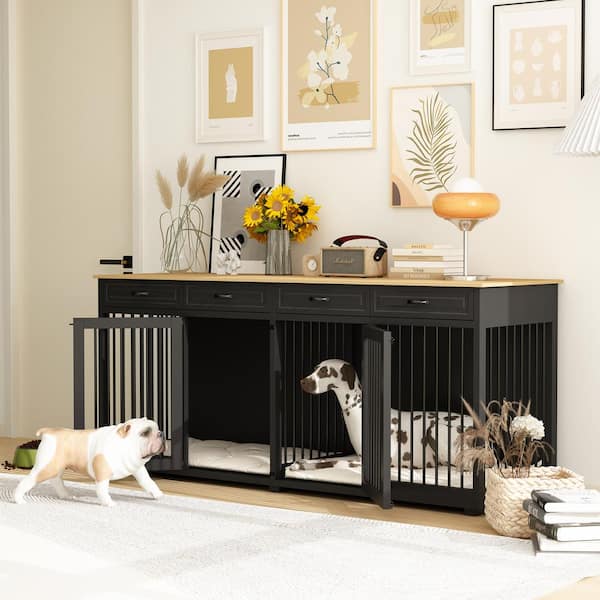 Black Large Dog Crate Furniture Wooden Dog Crate Kennel with 4-Drawers and Divider Dog Crates for 2 Large Dogs, 86.6 in.