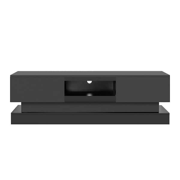 URTR 16 in. Modern Black Wood TV Stand with LED Lights, TV Console with 2 Large Storage Drawer for Living Room or Bedroom