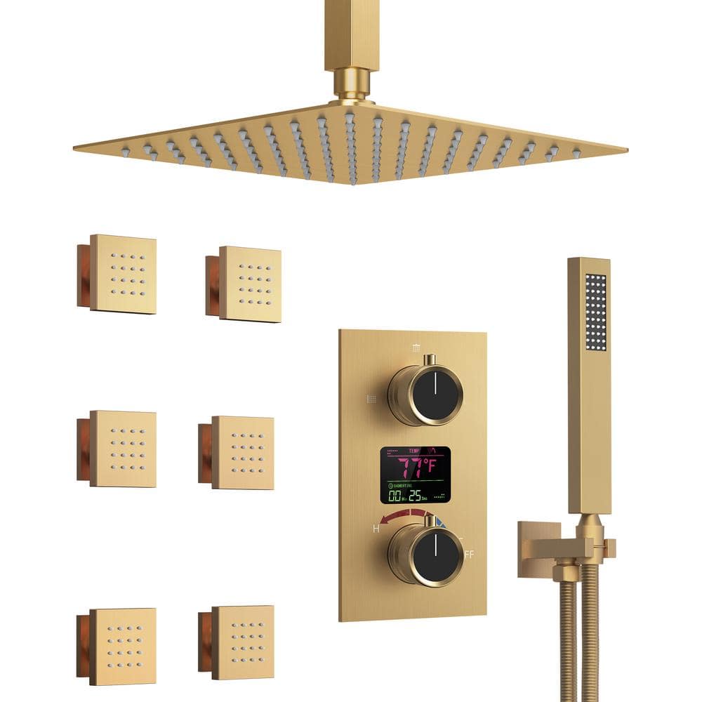 GRANDJOY Pressure Balance Temperature Display 3-Spray Ceiling Mount 12 in. Fixed and Handheld Shower Head 2.5 GPM in Brushed Gold