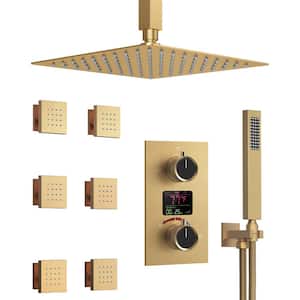 Pressure Balance Temperature Display 3-Spray Ceiling Mount 12 in. Fixed and Handheld Shower Head 2.5 GPM in Brushed Gold
