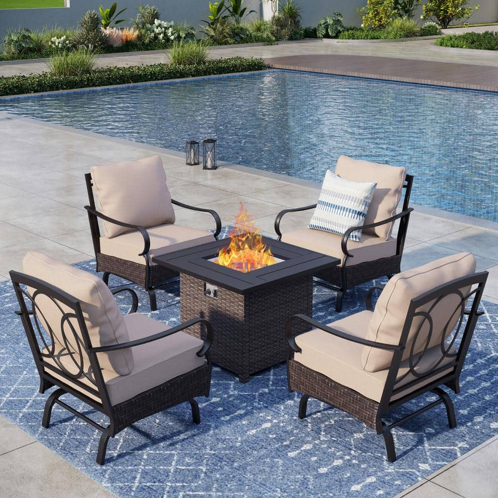 PHI VILLA Brown Rattan Wicker 4 Seat 5-Piece Steel Outdoor Fire Pit ...