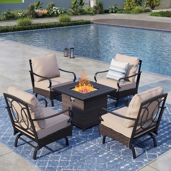 PHI VILLA Brown Rattan Wicker 4 Seat 5-Piece Steel Outdoor Fire Pit ...