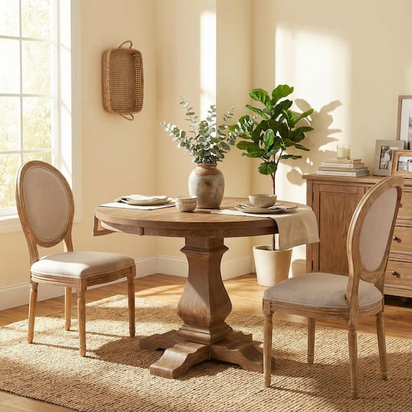 Farmhouse Style Extendable Oval Natural Wood 39 in. Pedestal Base Dining Table Seats-6