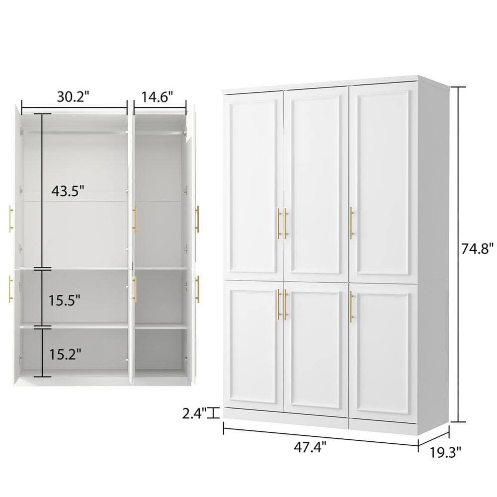 2-Combination White Wood 47.4 in. W 6-Door Big Armoires with 2 Hanging Rods, Storage Shelves 74.8 in. H x 19.3 in. D - thumbnail 8