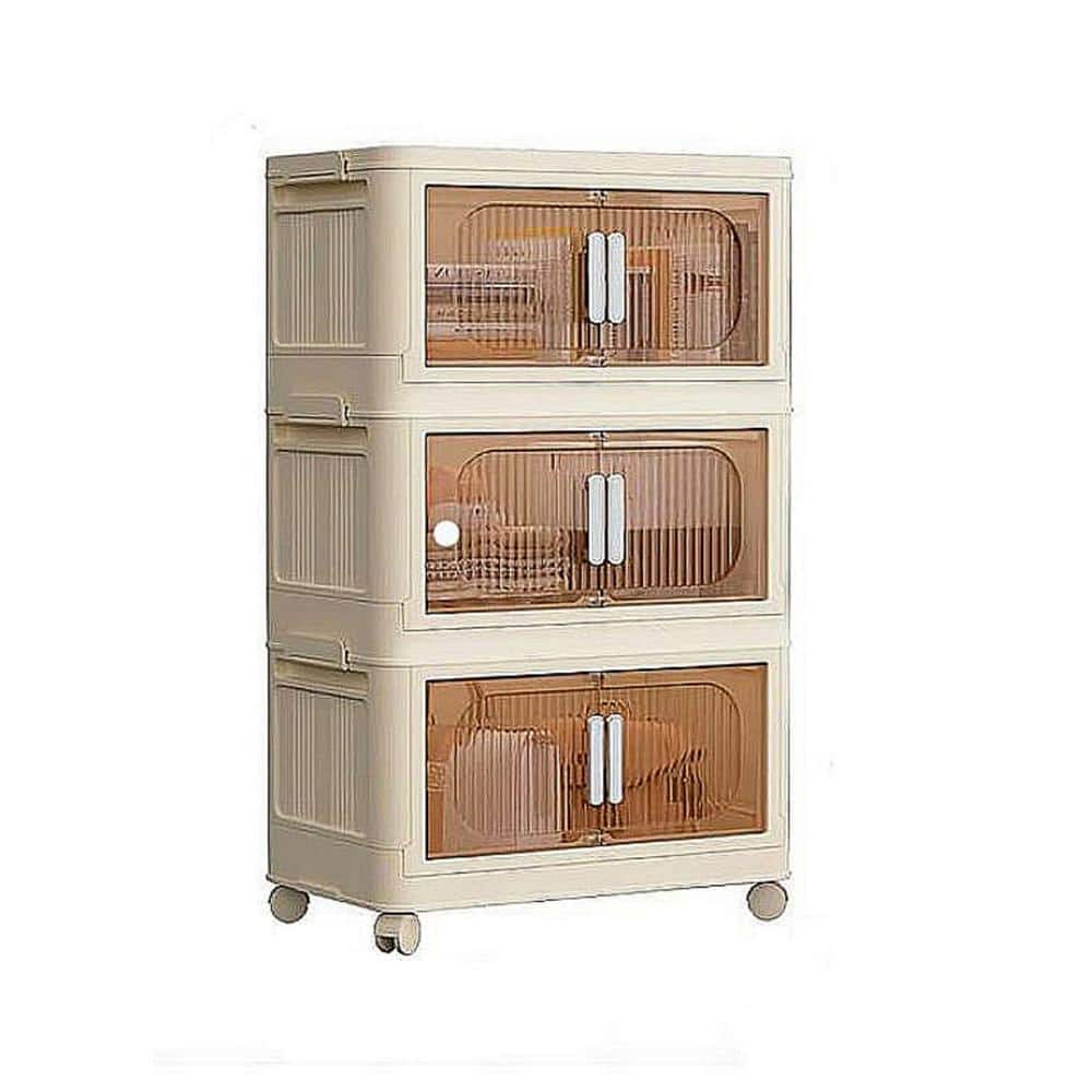 31 in. H Cream White Plastic Folding Storage Cabinet with Wheels 3-tier Col