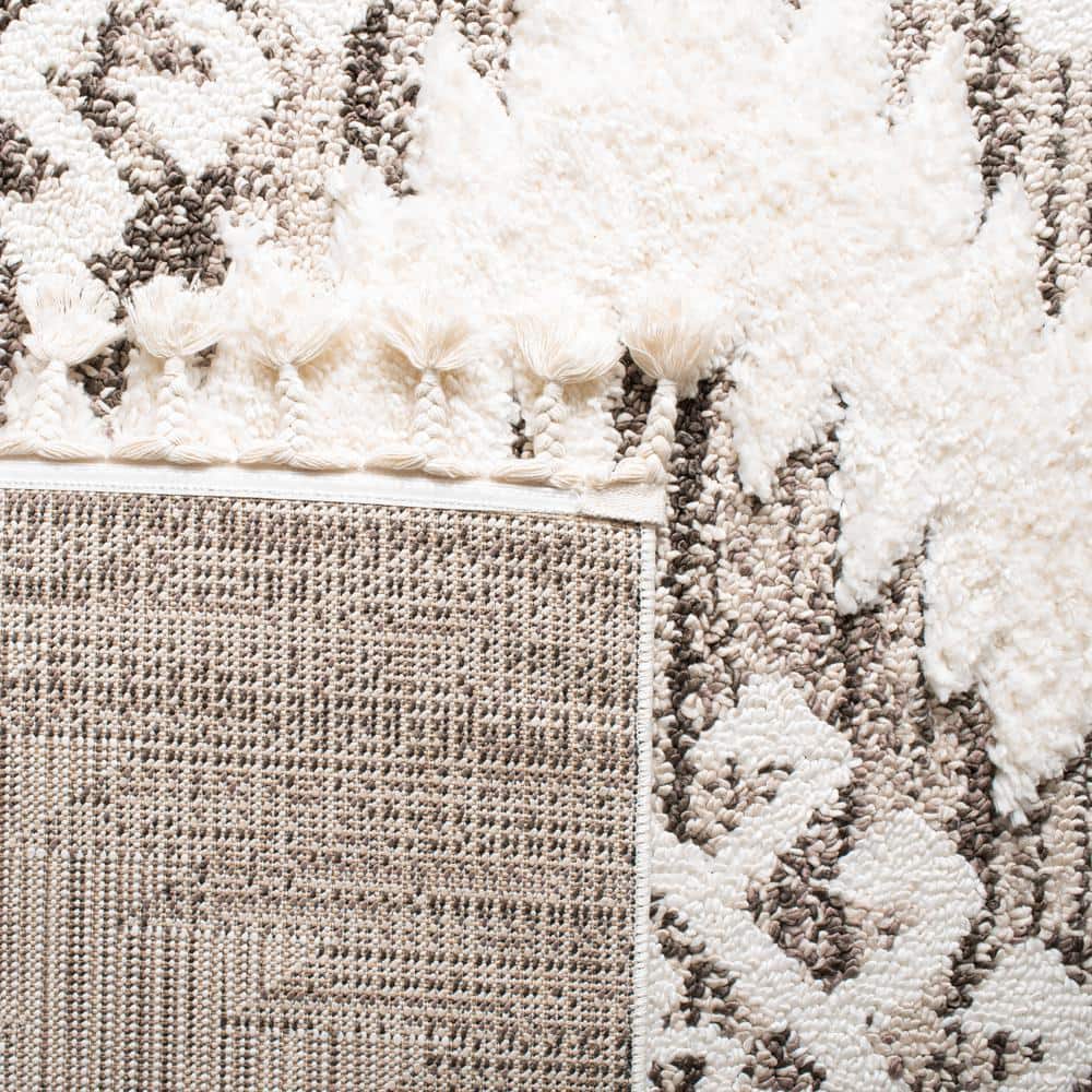 Ivory and Brown Diamond Shag Runner Rug with Tassels