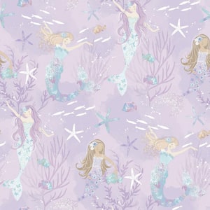 Tiny Tots 2-Collection Purple/Turquoise Glitter Finish Kids Mermaid Design Non-Woven Paper Wallpaper Roll