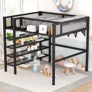 Black Full Size Metal Loft Bed with 4-Tier Shelves and Bedside Storage Shelve