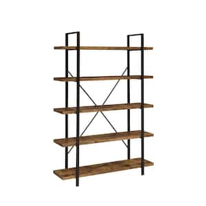 70 In. Rustic Brown 5 Shelves Wood Bookcase with Crossed Metal Design