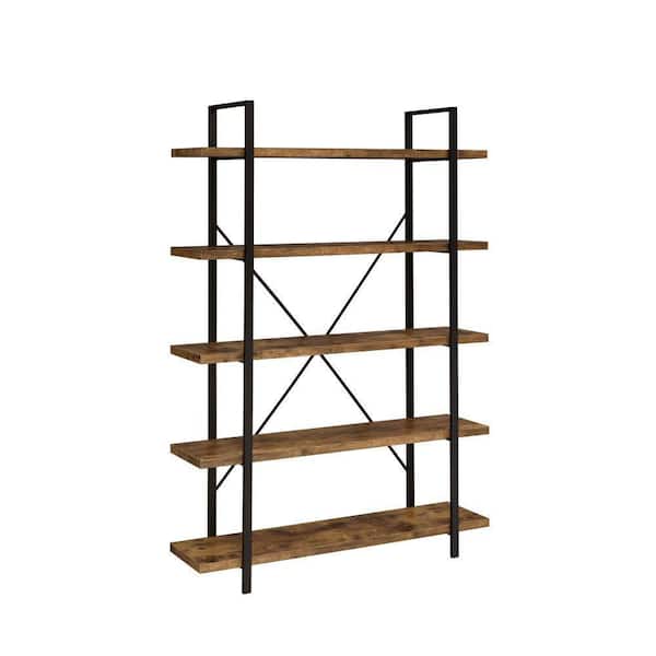 Benjara 70 In. Rustic Brown 5 Shelves Wood Bookcase with Crossed Metal Design