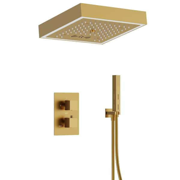LED Shower System Kit 2-Spray Ceiling Mount 12 in. Fixed and Handheld Shower Head Bluetooth Music in Brushed Gold