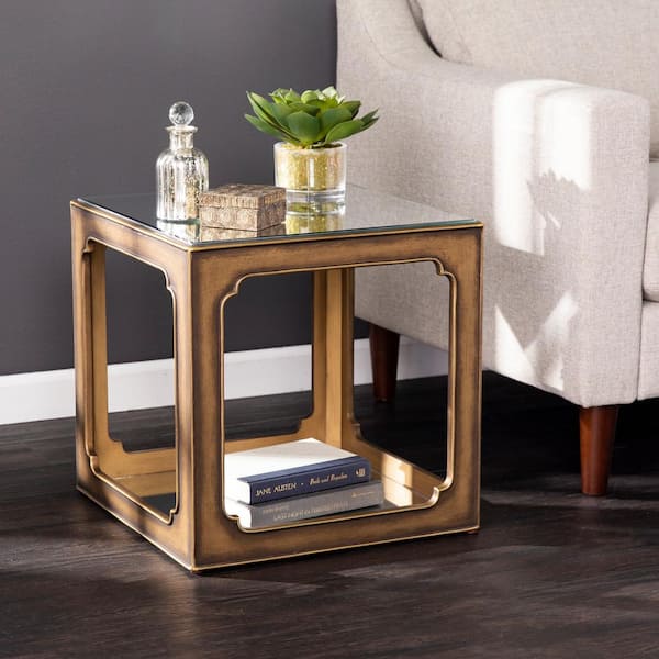 Southern Enterprises Toluse Antique Brass with Mirror Square Accent Table