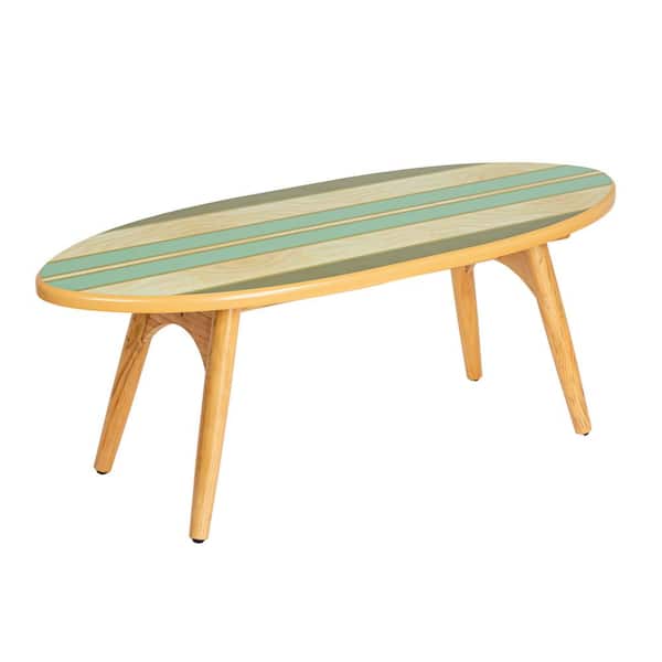 Storied Home Malibu 47.1 in. Multicolor Green Stripe Oval Wood Surfboard Coffee Table