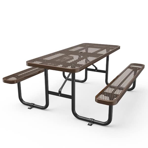 Unbranded 72 in. Expanded Brown Metal Rectangular Picnic Table - Heavy-Duty Steel Frame with Thermoplastic Coating