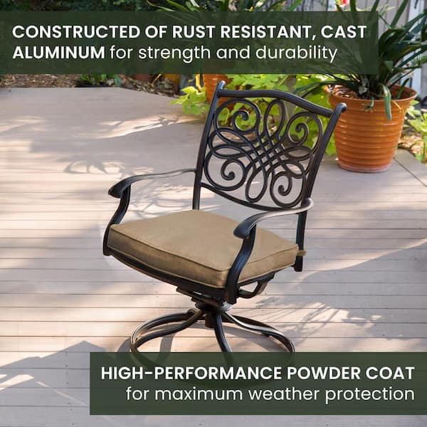 Traditions 9-Piece Aluminum Square Patio Dining Set with Eight Swivel Dining Chairs and Natural Oat Cushions, Rust Free