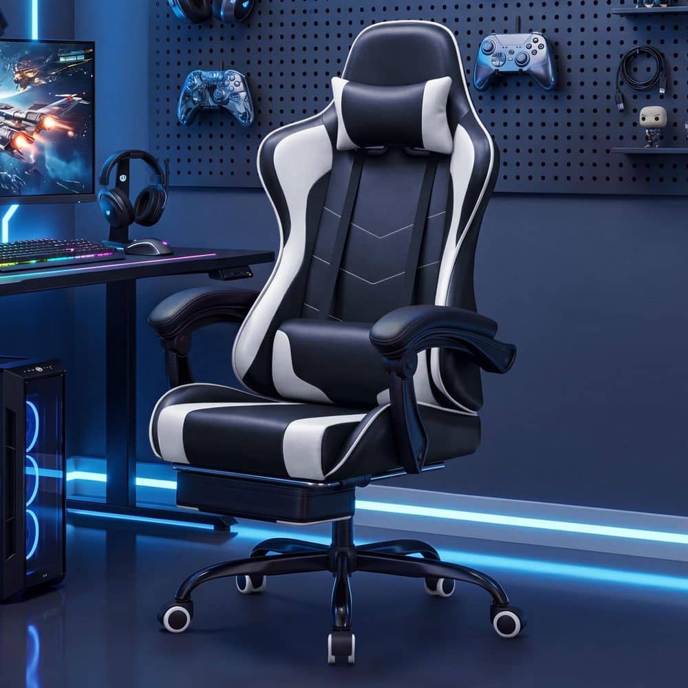 Polyurethane Height Adjustable Footrest Massage Lumbar Support Ergonomic Gaming Chair in White with Adjustable Arms