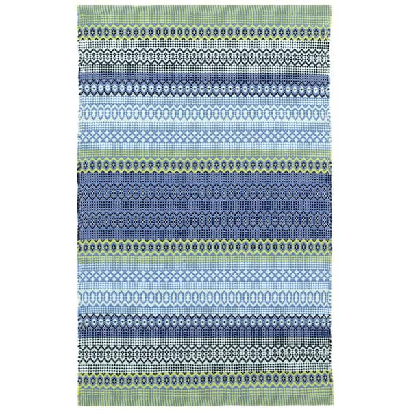 Fiesta Stripe Handwoven French Blue/Green 3 ft. x 12 ft. Outdoor Runner Rug