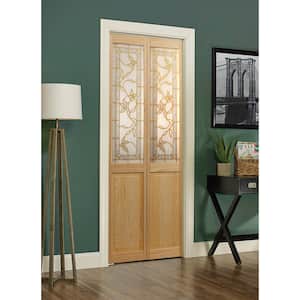 32 in. x 80 in. Giverny Unfinished Pine 1/2-Lite Decorative Glass Over Raised Panel Solid Core Wood Bi-fold Door