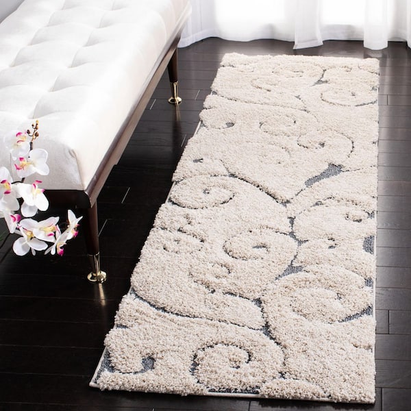 Florida Shag 2 ft. x 19 ft. Beige/Blue Gray Scroll Runner Rug
