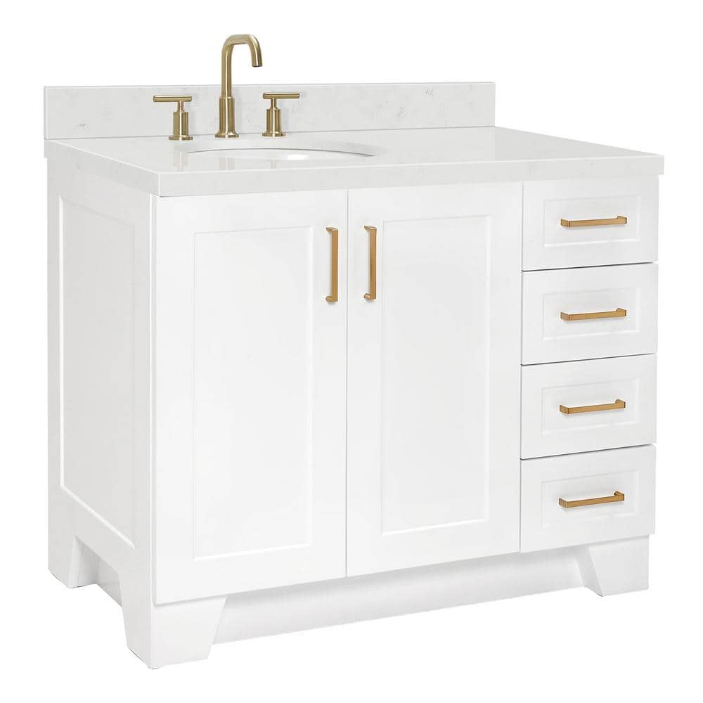 Taylor White Quartz Single Basin Freestanding Vanity with Gold Hardware