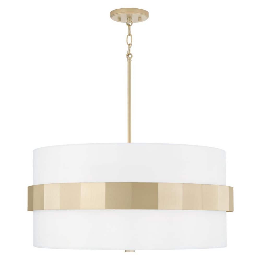 Sutton 26 in. W x 13.5 in. H 4-Light Drum Pendant in Soft Gold with White Fabric Shade and Frosted Glass Diffuser price history on PriceWatchPro