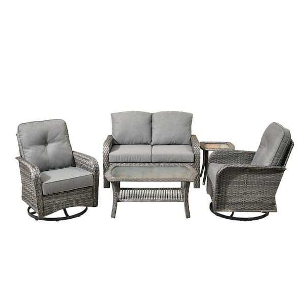 Ruby Grey 5-Piece Wicker Outdoor Furniture Patio Conversation Sofa Set with Swivel Chairs and Dark Grey Cushions