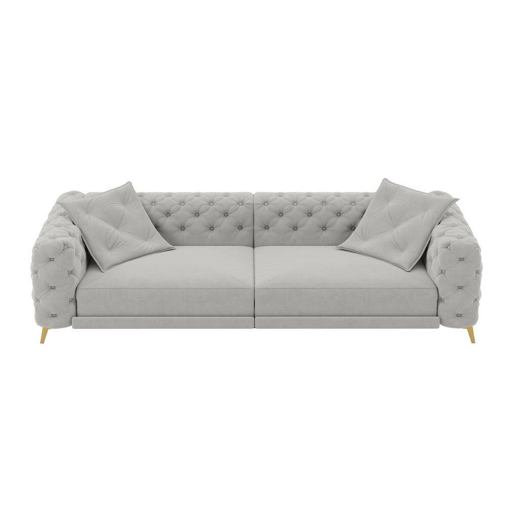 98 in. Light Gray Tufted Arm 4-piece Velvet 3-in-1 Convertible King Size Sofa Bed, Sectional Sofa w/ Ottoman