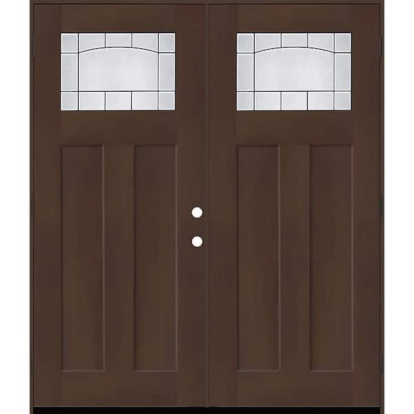 Regency 72 in. x 80 in. 1/4 TopL Empire Deco Glass RHOS Hickory Fiberglass Double Prehung Front Door with 4-9/16 Jamb