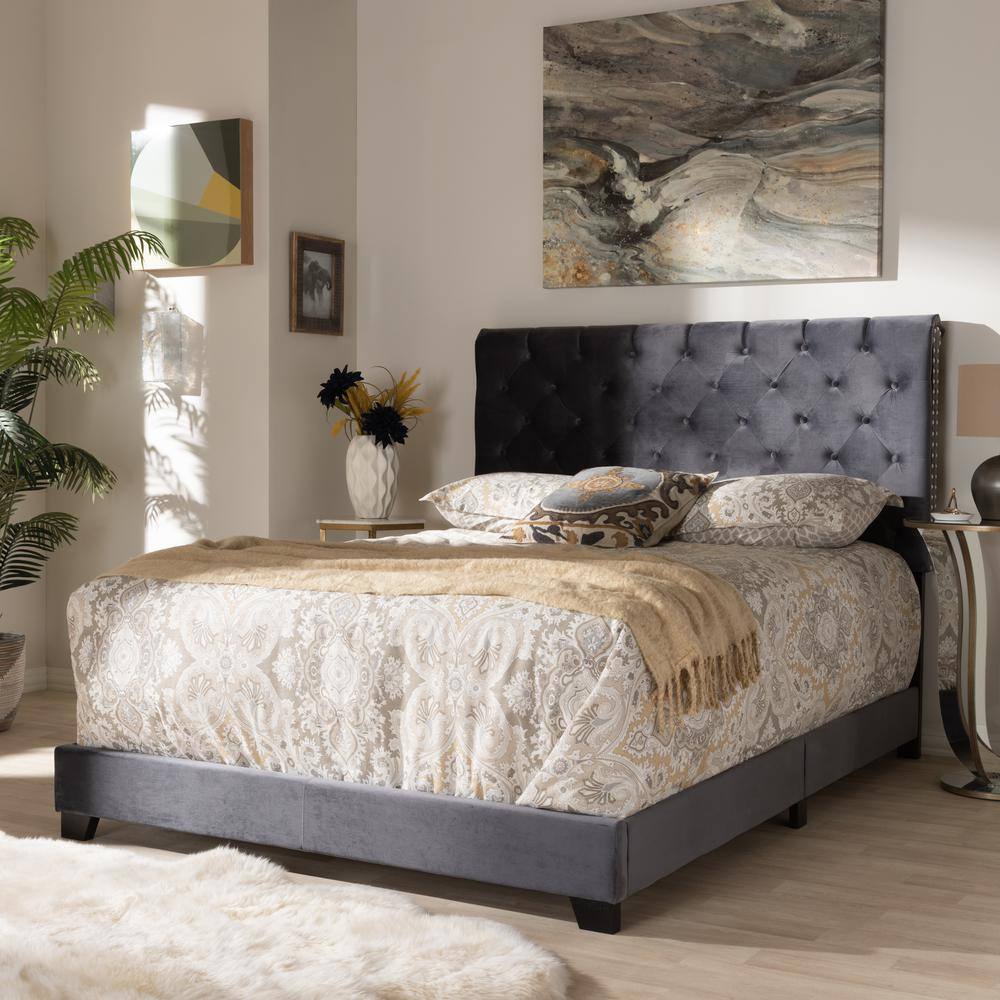 Luxurious Dark Grey Velvet Full Bed with Tufted Headboard and Nailhead Trim