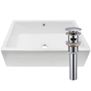 Rectangular Porcelain Vessel Sink in White with Overflow Drain in Chrome