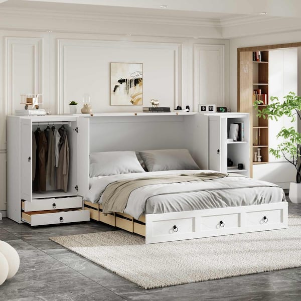 White Wood Frame Queen Murphy Bed with USB Port, Little Wardrobes and Drawers
