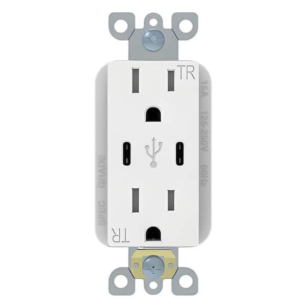 Dual Type-C USB Charger White 15 Amp Tamper Resistant Duplex Outlet with Type C Charger 1 Pack (51TCC30)