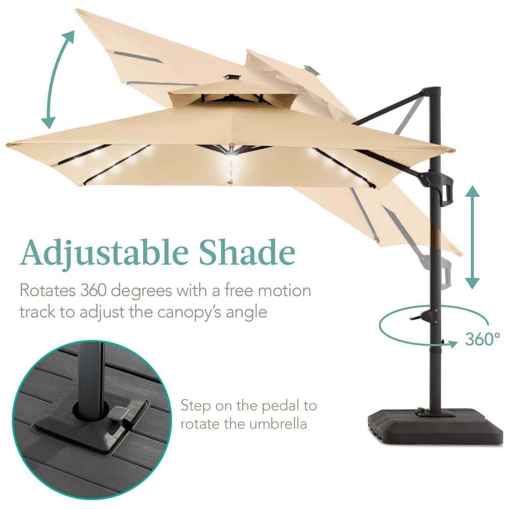 Sand 10x10ft 2-Tier Cantilever Patio Umbrella with Solar LED Lights