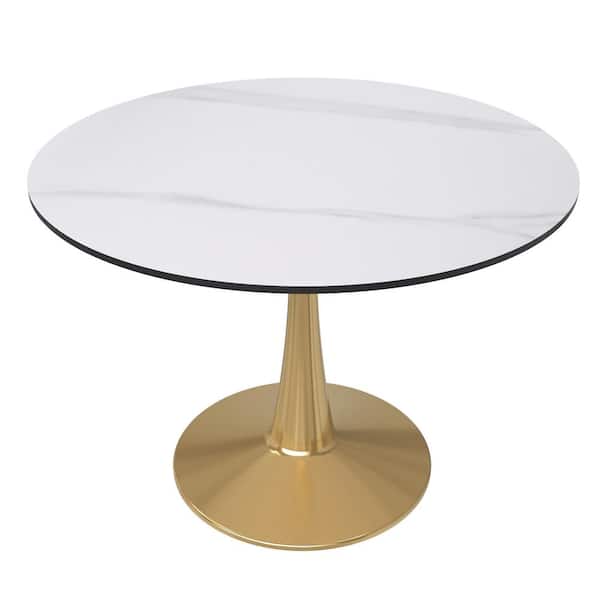 Bristol White 40 in. Sintered Stone Tabletop and Stainless-Steel Pedestal Base Dining Table Seats 4
