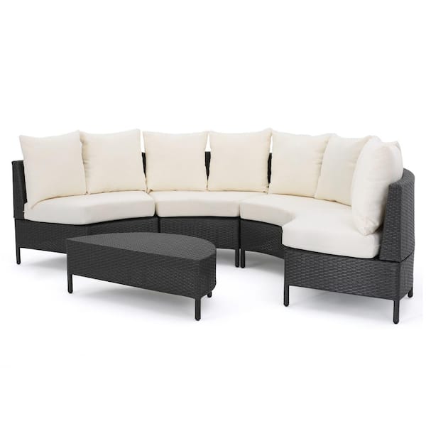 Noble House Newton Grey 5-Piece Wicker Outdoor Sectional Set with White Cushions