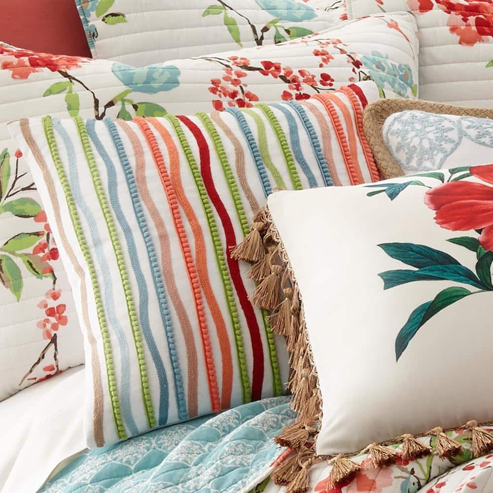 Multicolor Striped Pom Pom Embroidered Nursery Throw Pillow