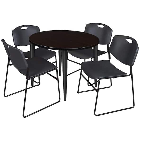 Regency Trueno 36 in. Round Mocha Walnut and Black Wood Breakroom Table and 4-Black Zeng Stack Chairs (Seats 4)