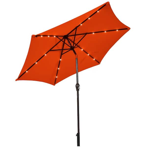 Unbranded 9 ft. Iron Outdoor Market Umbrella Solar LED Lighted Patio Umbrella in Orange