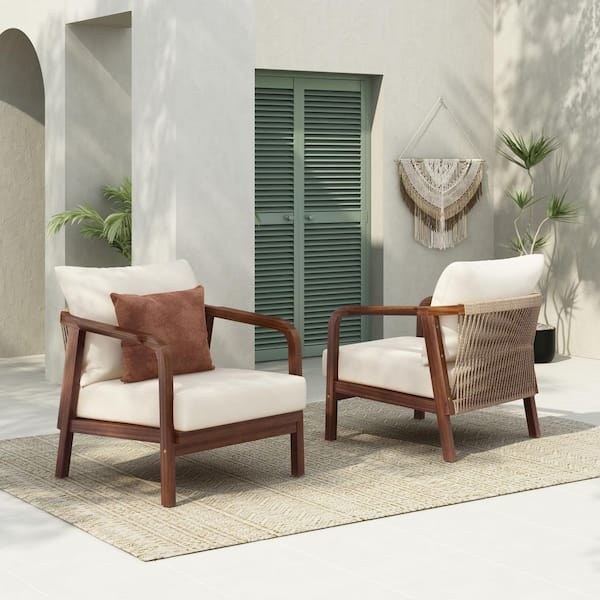 Walnut Wood Outdoor Patio Lounge Chair with Handwoven Backrest & Curved Armrests & Beige Cushions (2-Pack)