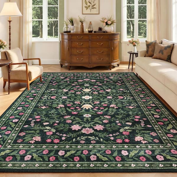 Dark Green 8 X 10 ft. Floral Washable Low Pile Area Rug, Soft Non-Slip Indoor Carpet for Living Room,Bedroom,Dining Room