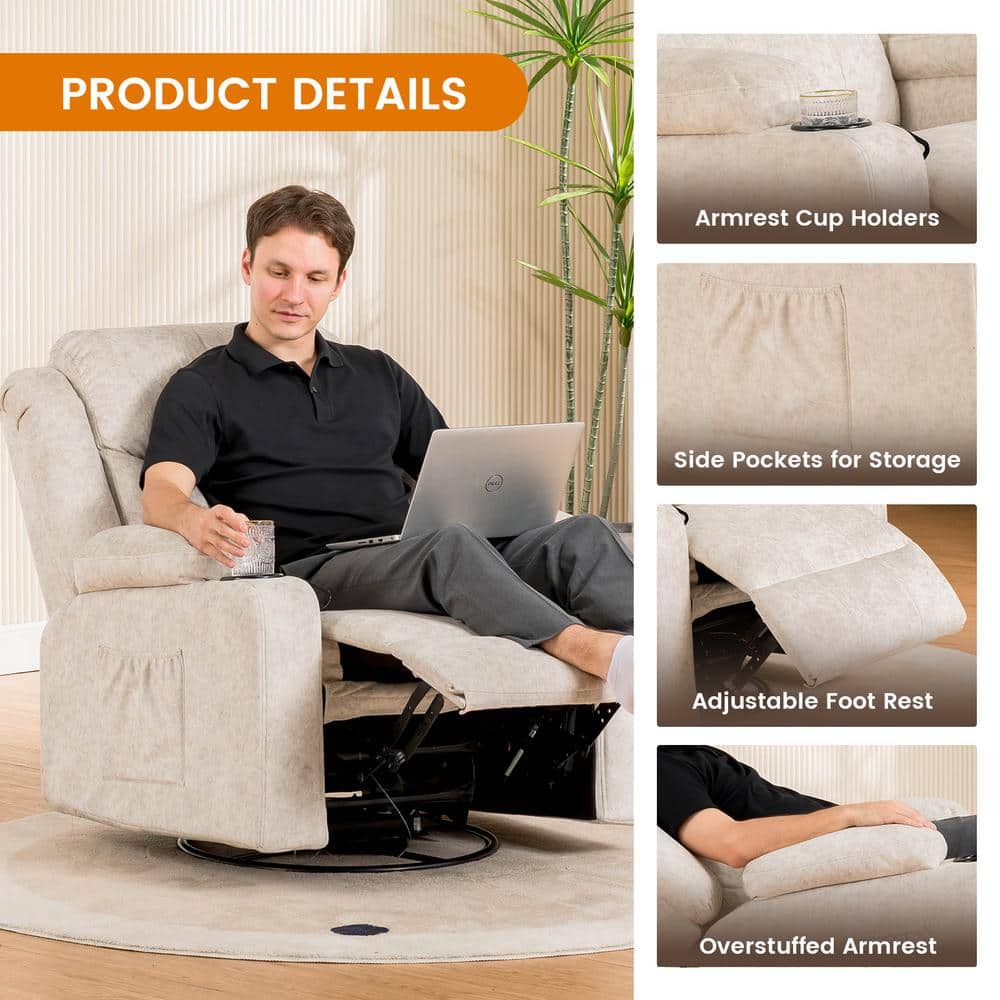 Cream White Fabric Swivel Recliner with Massage and Heat