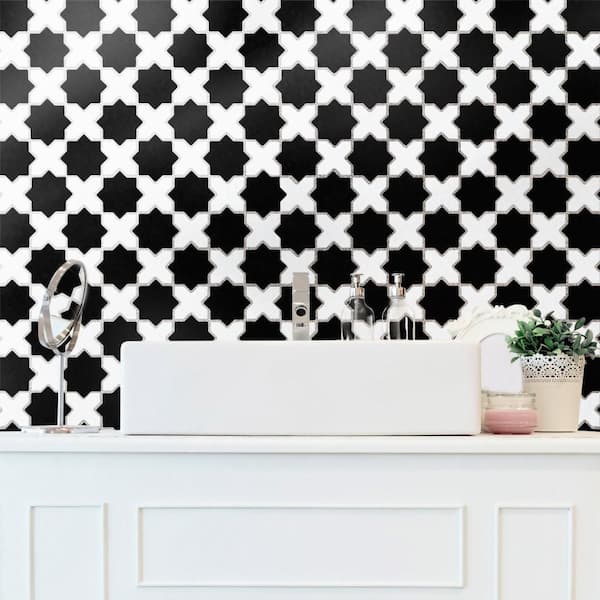 Metro 2 in. Star Matte Black with White Cross 12 in. x 12 in. Porcelain Floor and Wall Mosaic Tile (10.0 sq. ft. /Case)