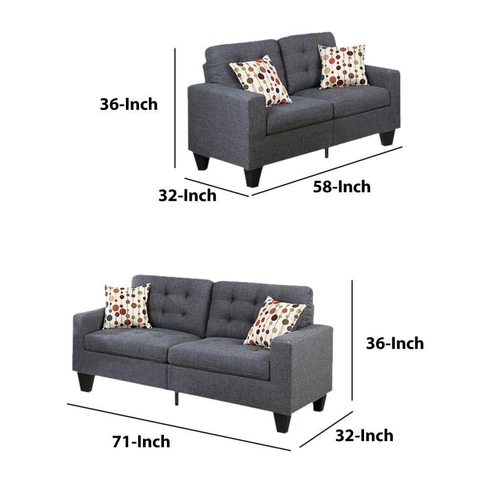 Gray Linen 2-Piece Sofa Set with Accent Pillows