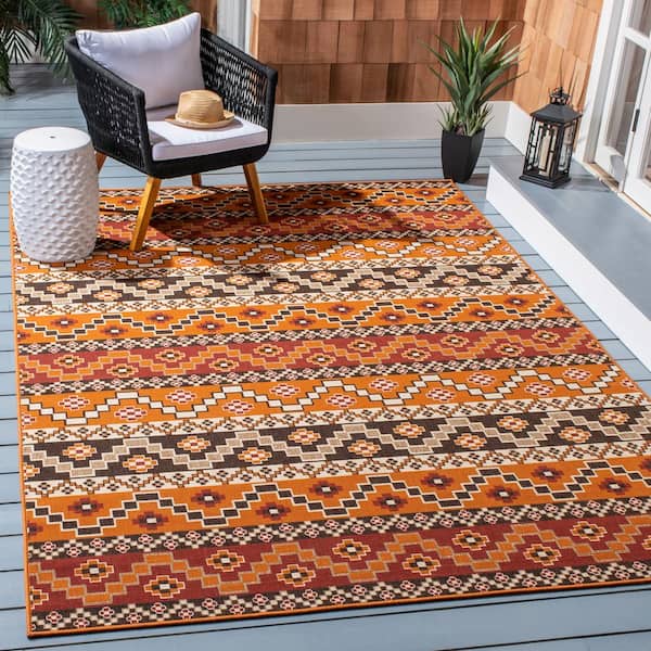 Veranda Rust/Red 8 ft. x 11 ft. Border Indoor/Outdoor Patio  Area Rug