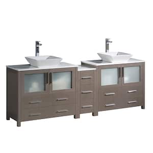 Torino 84 in. Double Vanity in Gray Oak with Glass Stone Vanity Top in White with White Basins
