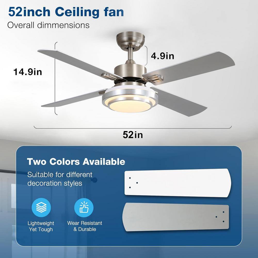 52" Brushed Nickel Ceiling Fan with LED Light and Remote Control