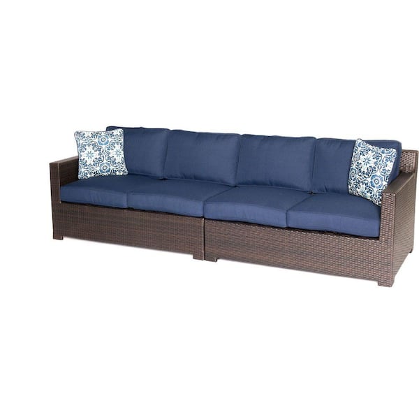 Hanover Metropolitan Brown 2-Piece Aluminum All-Weather Wicker Patio Loveseat Conversation Set with Navy Blue Cushions