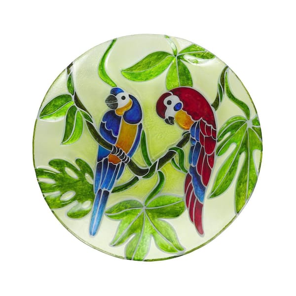 Alpine Corporation 18 in. Round Outdoor Birdbath Bowl Topper with Colorful Painted Parrot Design