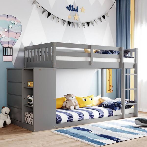 Qualfurn Gray Twin Over Bunk Bed, Twin Or Full Bed For 4 Year Old